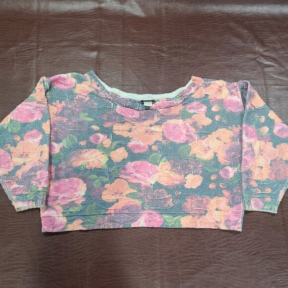 VINTAGE 1990s Objects D'art Floral Cropped Boat Neck Knit Crop Top Sweater Sz: M - Picture 1 of 9